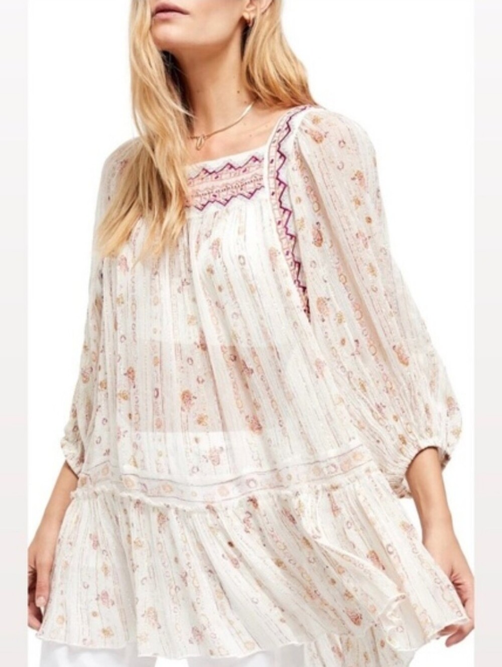Free People Boho Tunic Mini Dress Sheer Dance Magic Ivory Floral Small